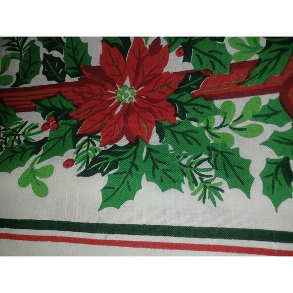 Poinsettia Table Cloth Rectangular About 84" x 59" White Red Green - Picture 3 of 3